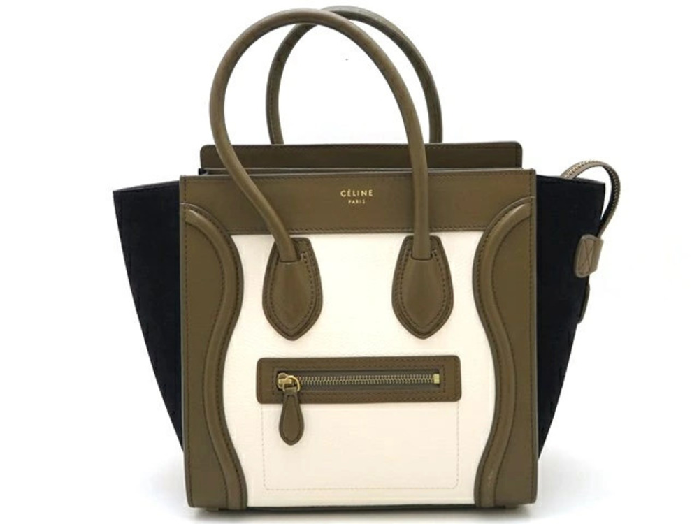 Celine Luggage Tote Shopper Handbag Calf Suede White Khaki Green Navy Blue